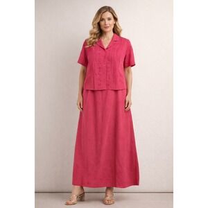 Positive Attitude 2pc Dress Set Womens 18P Pink Linen Blend Embroidered Petite